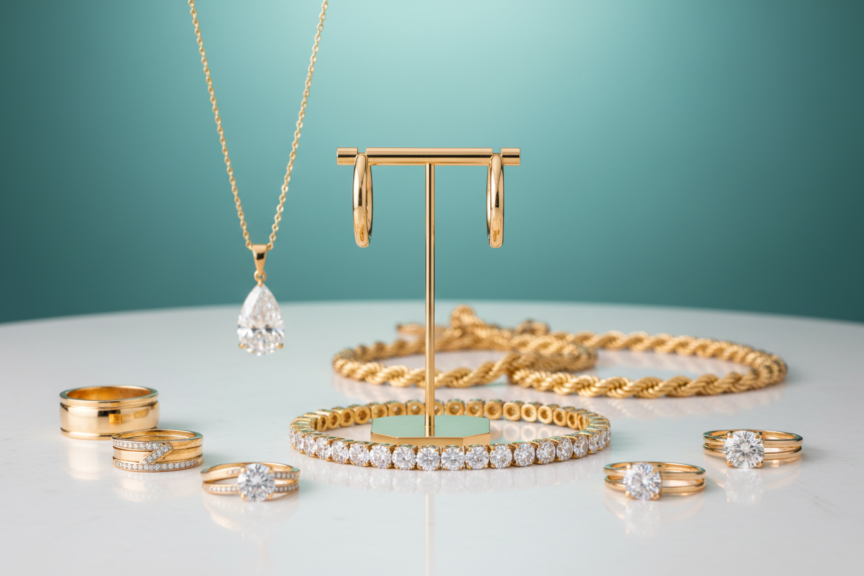 replace the jewelry with hoop earrings, diamond studded tennis bracelet, gold rope chain necklace + gold necklace with diamond pendant, and gold rings